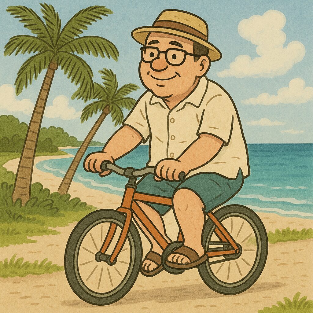 自転車に乗って観光５０代男性