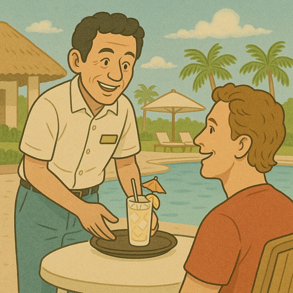 外人に接客するおっさん