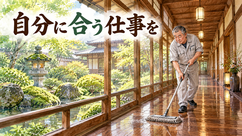 山あいの木造旅館で、50代の男性が廊下を清掃している場面を描く
