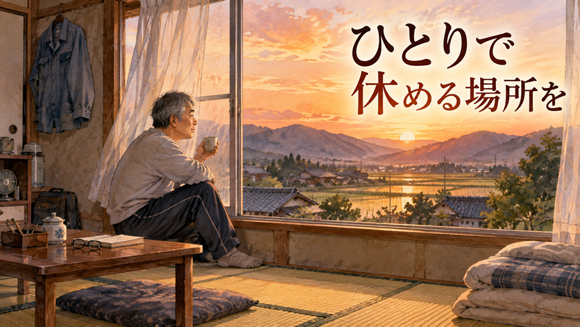 地方の旅館で働く50代の男性が、仕事を終えて個室寮で休んでいる夕暮れを描く