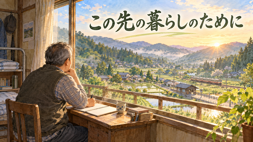 休日の朝、50代の男性が個室寮の窓辺で、これからの暮らしについてノートに書いている場面を描く