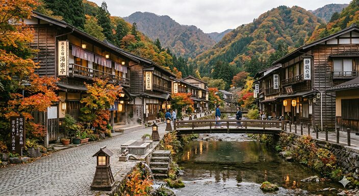 地方温泉地の落ち着いた魅力の風景画像