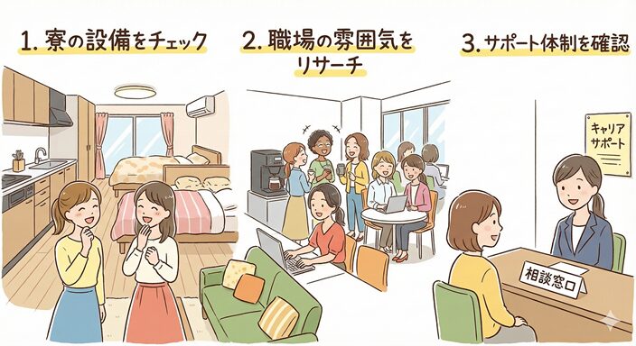 女性に優しい環境かを見極める3つのチェックポイントのイラスト図