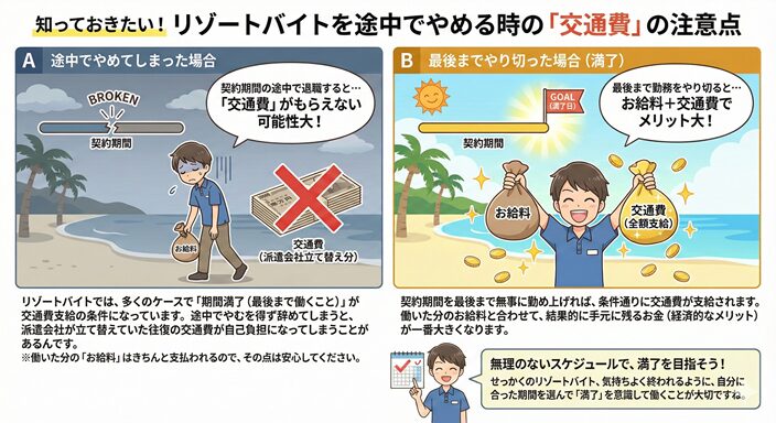 途中でリゾートバイトをやめるデメリットの図