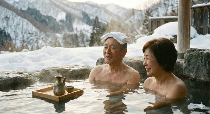 働いた後の温泉が、うれしくてのイラスト図