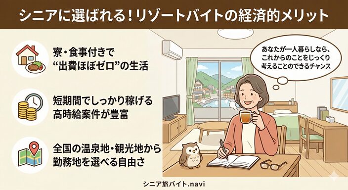 シニアに選ばれる！リゾートバイトの経済的メリットのイラスト図