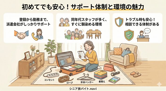 初めてでも安心！サポート体制と環境の魅力のイラスト図
