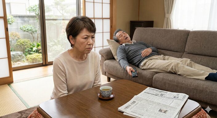 定年後やることがない亭主が昼寝三昧にふけるのをむかむかしながら横目でにらむの図