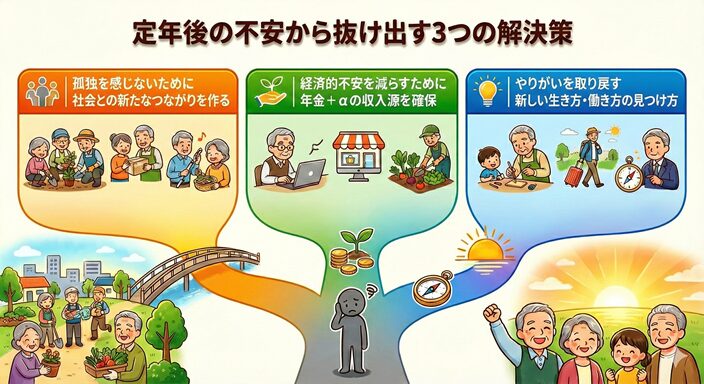 定年後の不安から抜け出す3つの解決策のイラスト画像
