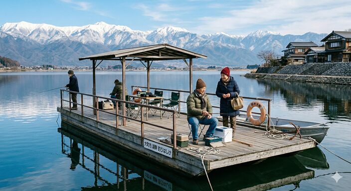 湖のはしけで釣りをする人々