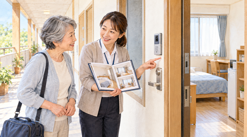 担当者と寮を確認するシニア女性